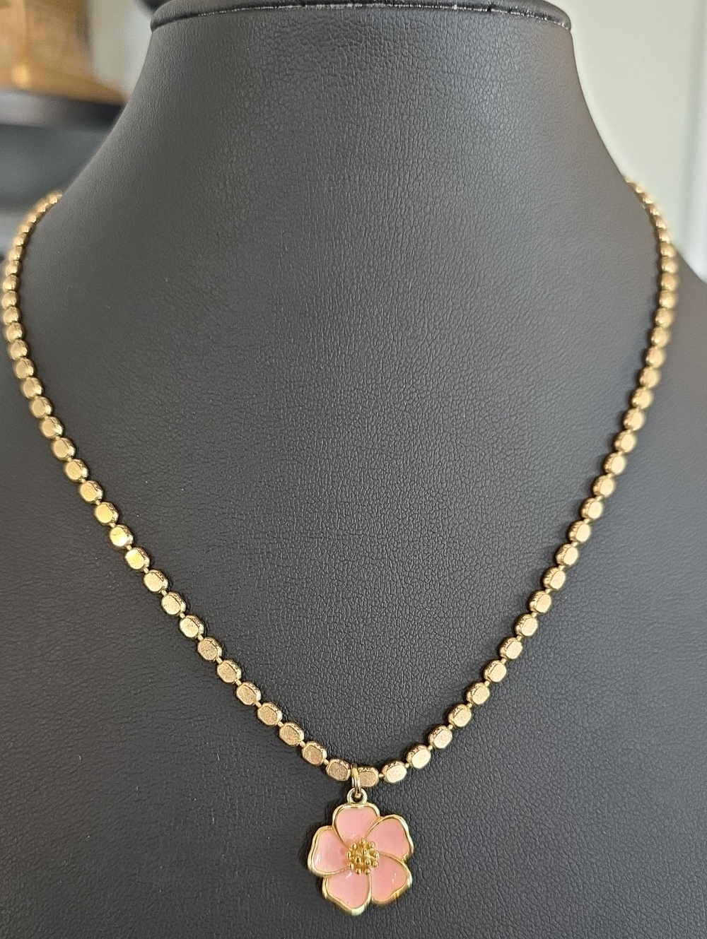 Pink Enamel Flower Pendant Necklace in Gold Tone (A)